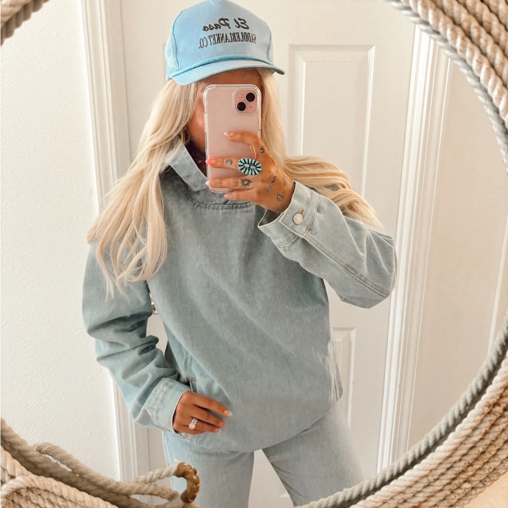 Denim hoodie.